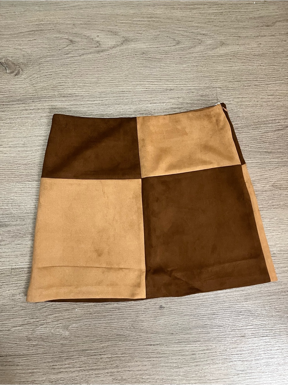 Shinestar Two-Tone Patchwork Suede Mini Skirt in Brown and Tan size Medium